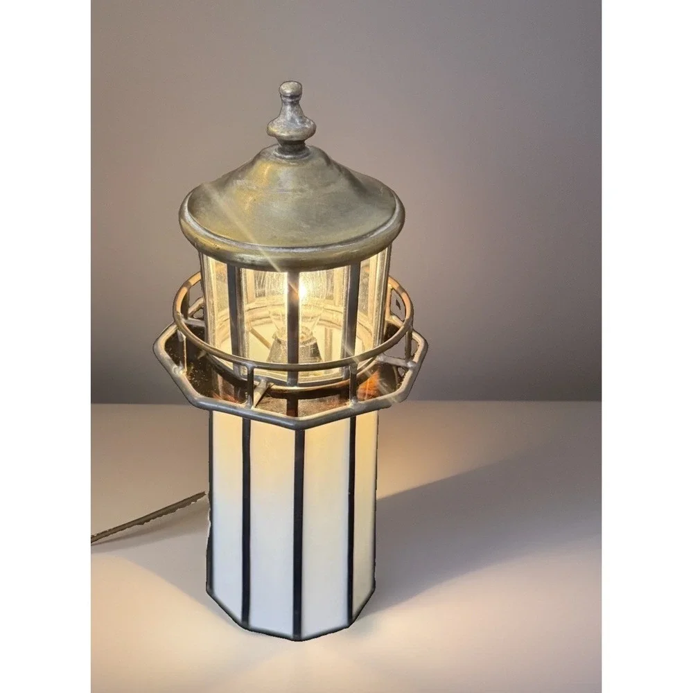 Vintage LG Leaded Slag Glass Lighthouse Accent Table Lamp Nautical Decor 12.5